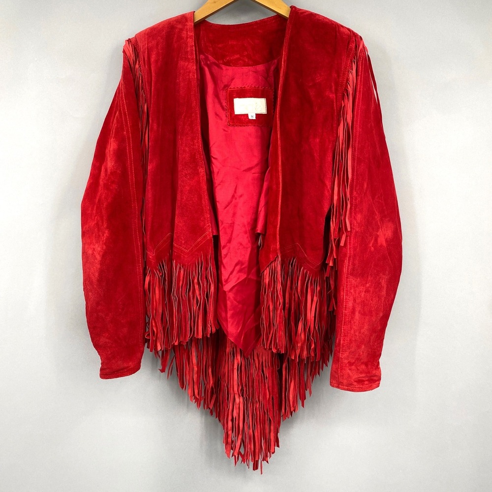 Vtg 90s Cache Fringe Suede Jacket Womens S Red Western Leather Cowgirl Festival
